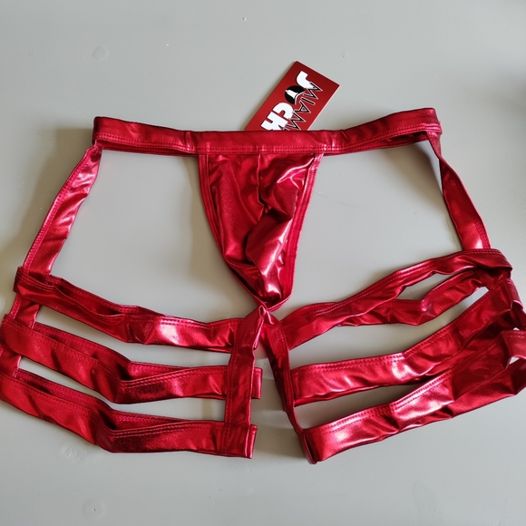 Miami Jock Small jockstrap cage straptrunk fetish shiny erotic red metallic NWT - Picture 3 of 15